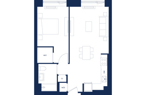 Floor plan for 1 bed, 1 bath, 542 sqft